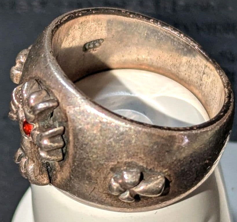 A&G Rare Silver Ring Red Ruby Stone Floral Eagle Motif Wide Band Vintage US9