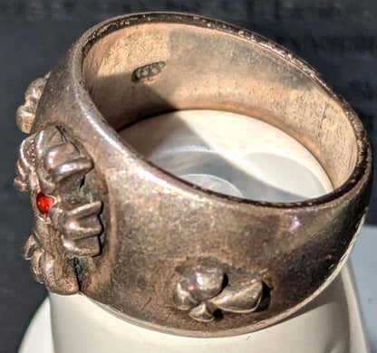 A&G Rare Silver Ring Red Ruby Stone Floral Eagle Motif Wide Band Vintage US9