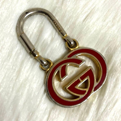 Gucci Auth Old Gucci Double G Logo Red Gold Keychain Bag Charm Key Ring Used