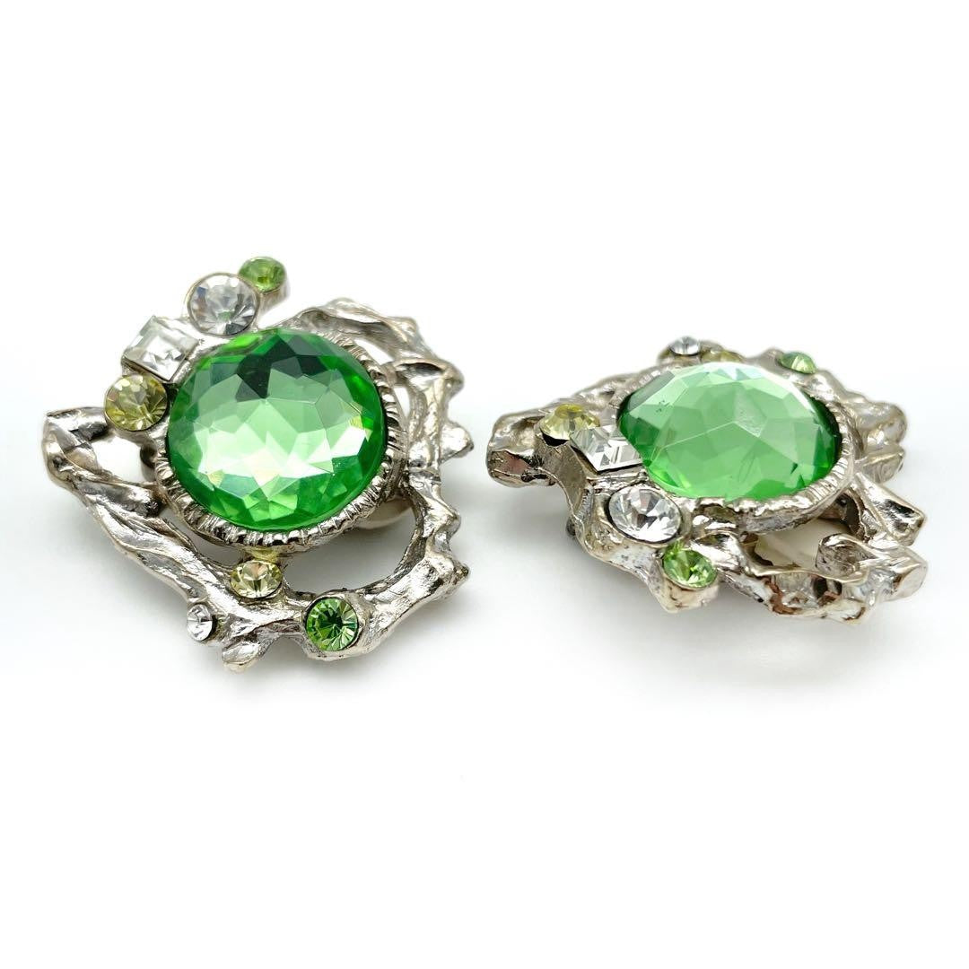 Christian Lacroix Auth Vtg Silver Heart Colorstone Clip Earrings 3x3.5 cm Used