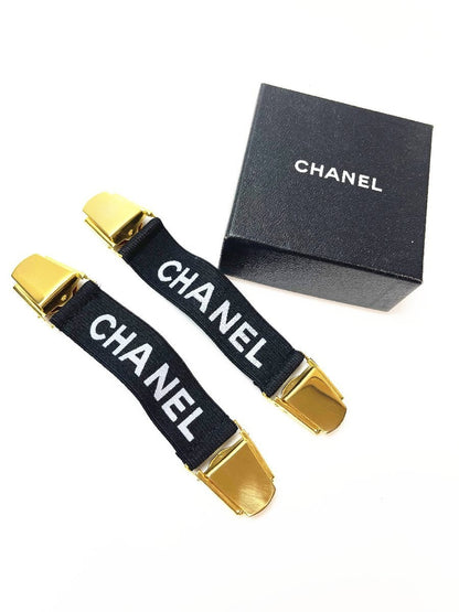 Chanel Auth Vtg Arm Band Mini Suspender Black White Gold GP Rubber 15cm 5.9"