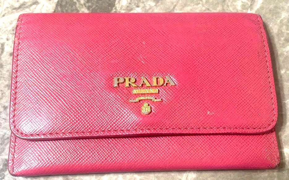 PRADA Milano Saffiano Leather Card Case Wallet Pink Gold HW Italy Authentic Used