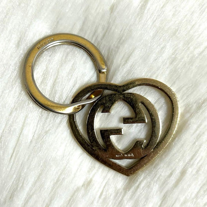 Gucci Auth Interlocking GG Heart Key Ring Bag Charm Gold Red Logo Vtg Used