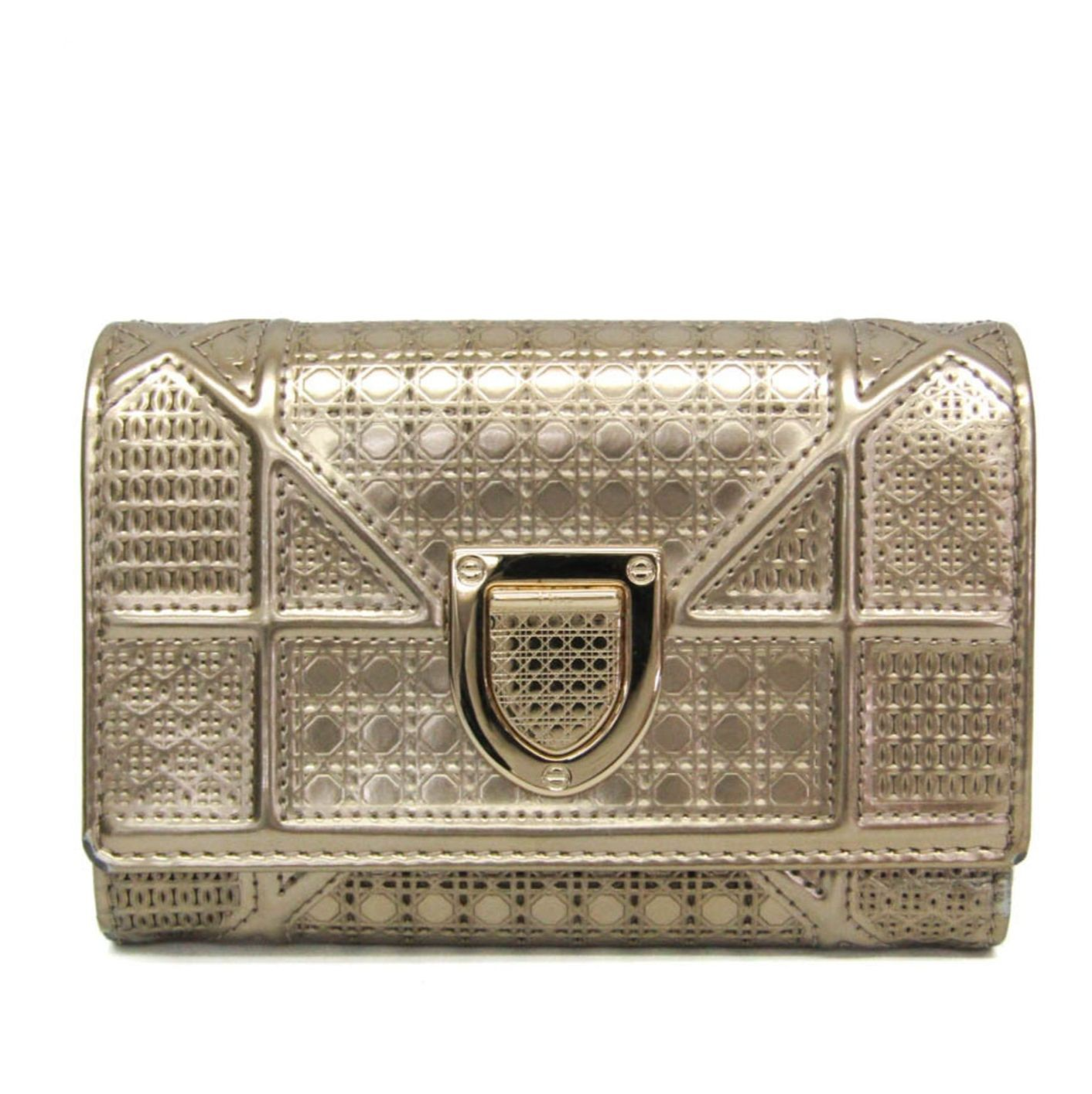 Dior Champagne Gold Micro Cannage Patent Leather Diorama Trifold Wallet Auth