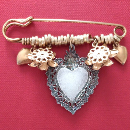 DOLCE&GABBANA Sacred Heart Charm Brooch Gold Silver Tone Flower Pin Italy 7.5cm