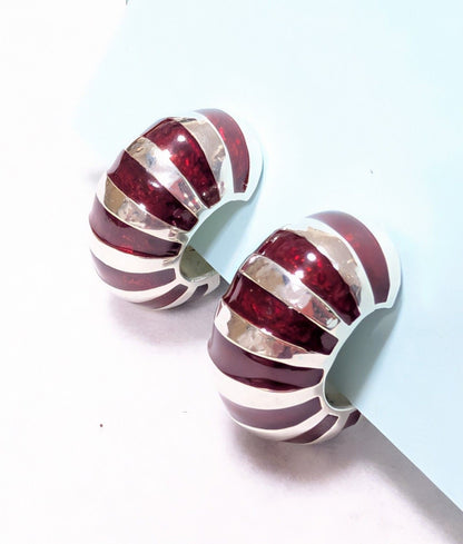Tiffany & Co. 925 Sterling Silver Red Enamel Shell Shrimp Hoop Clip On Earrings