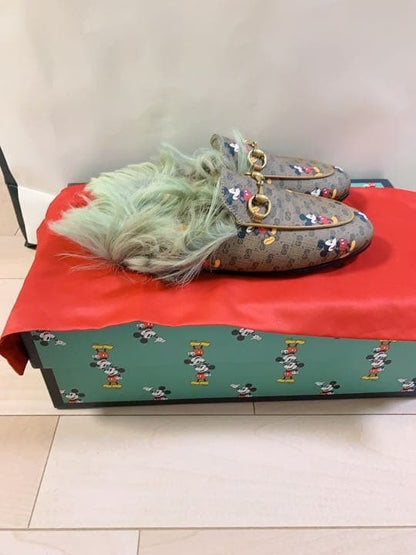 Gucci Disney GG Monogram Mickey Mouse Fur Princetown Slippers Size 34 Near Mint