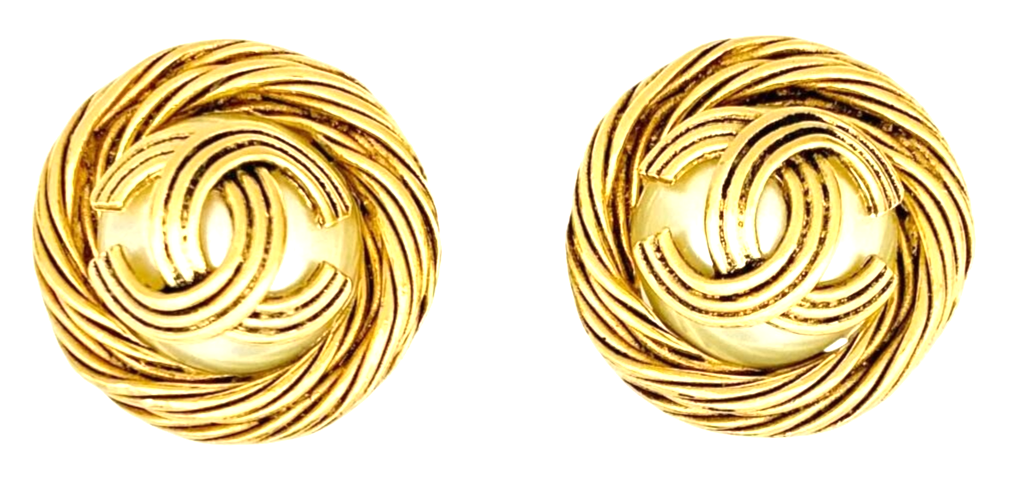 Chanel Authentic Vtg CC Logo Coco Mark Pearl Gold Chain Clip-On Earrings Used