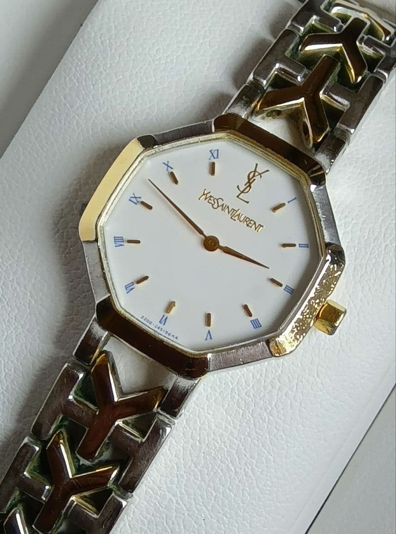 Yves Saint Laurent YSL Octagon Ladies Quartz Watch Gold Silver SS GP Japan VTG