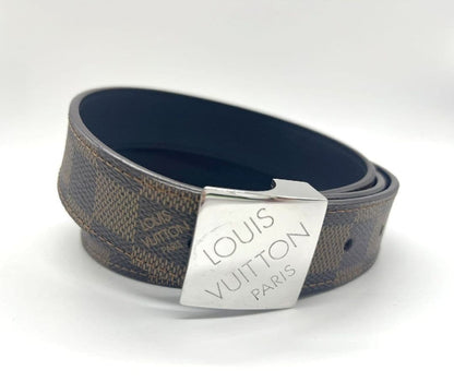 LOUIS VUITTON Damier Ceinture Brown Leather 5 Holes Belt Women Size 80 32
