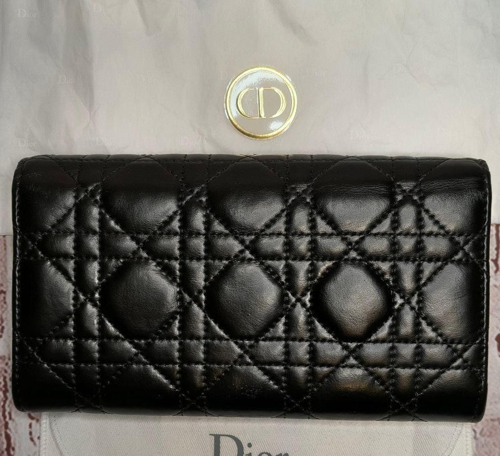 Authentic Christian Dior Canage Dior Caro Orchid Long Wallet Black Leather