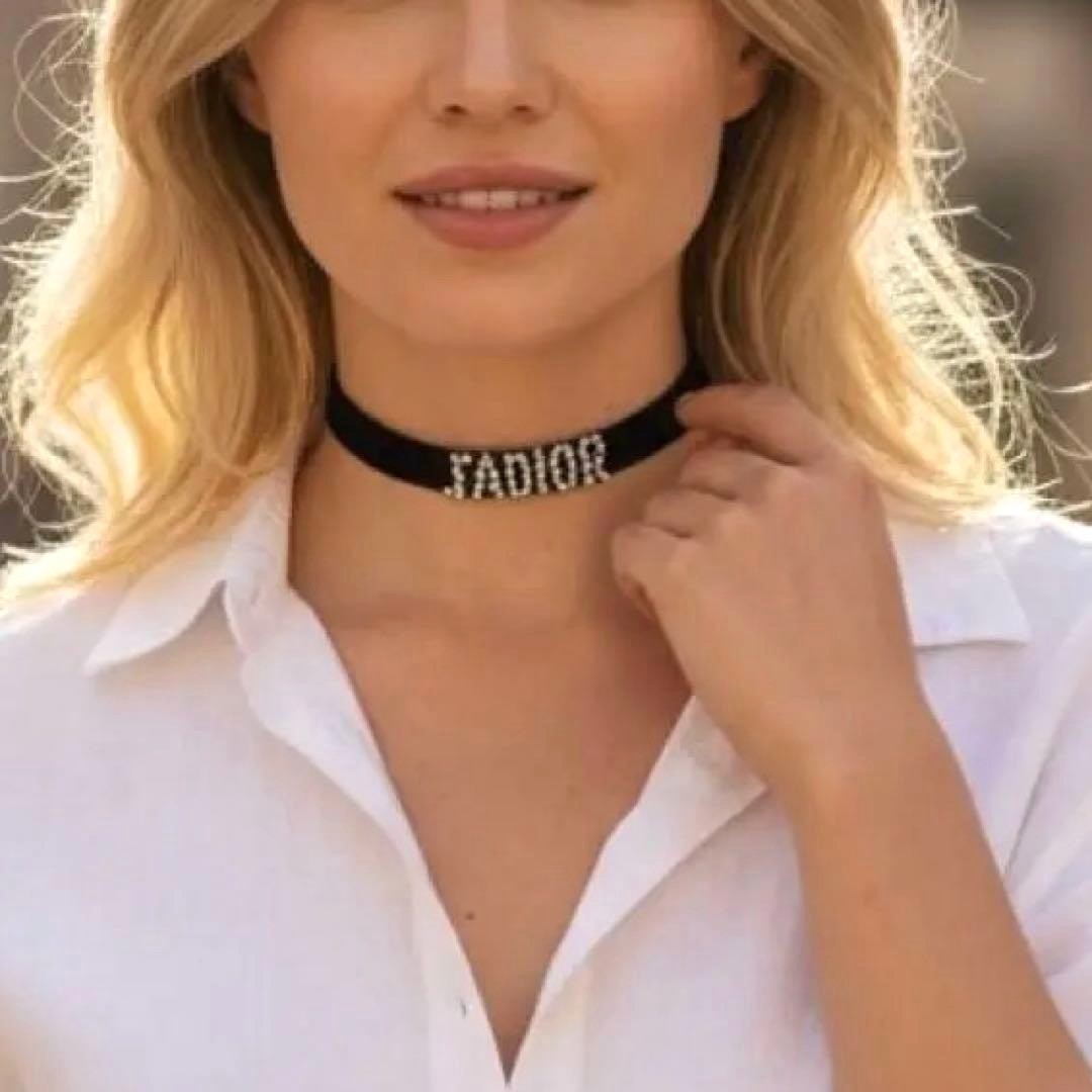 DIOR J'ADIOR Rhinestone Choker Necklace Black Velvet Crystal Logo Adjustable