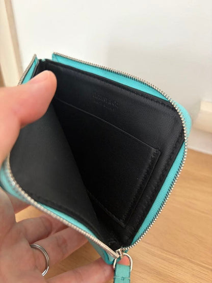 Tiffany & Co Blue Leather Zip Card Case Coin Wallet Used