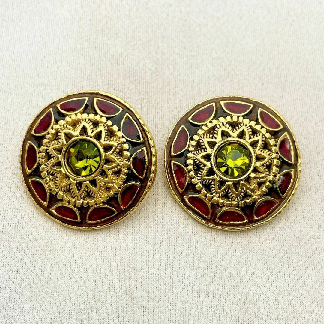 Christian Lacroix Vtg Gold Large Statement Clip Earrings Color Stone Red Used