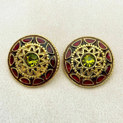 Christian Lacroix Vtg Gold Large Statement Clip Earrings Color Stone Red Used