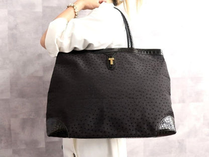 Tiffany & Co Canvas Crocodile embossed Black Leather Tote Bag Gold Hearware