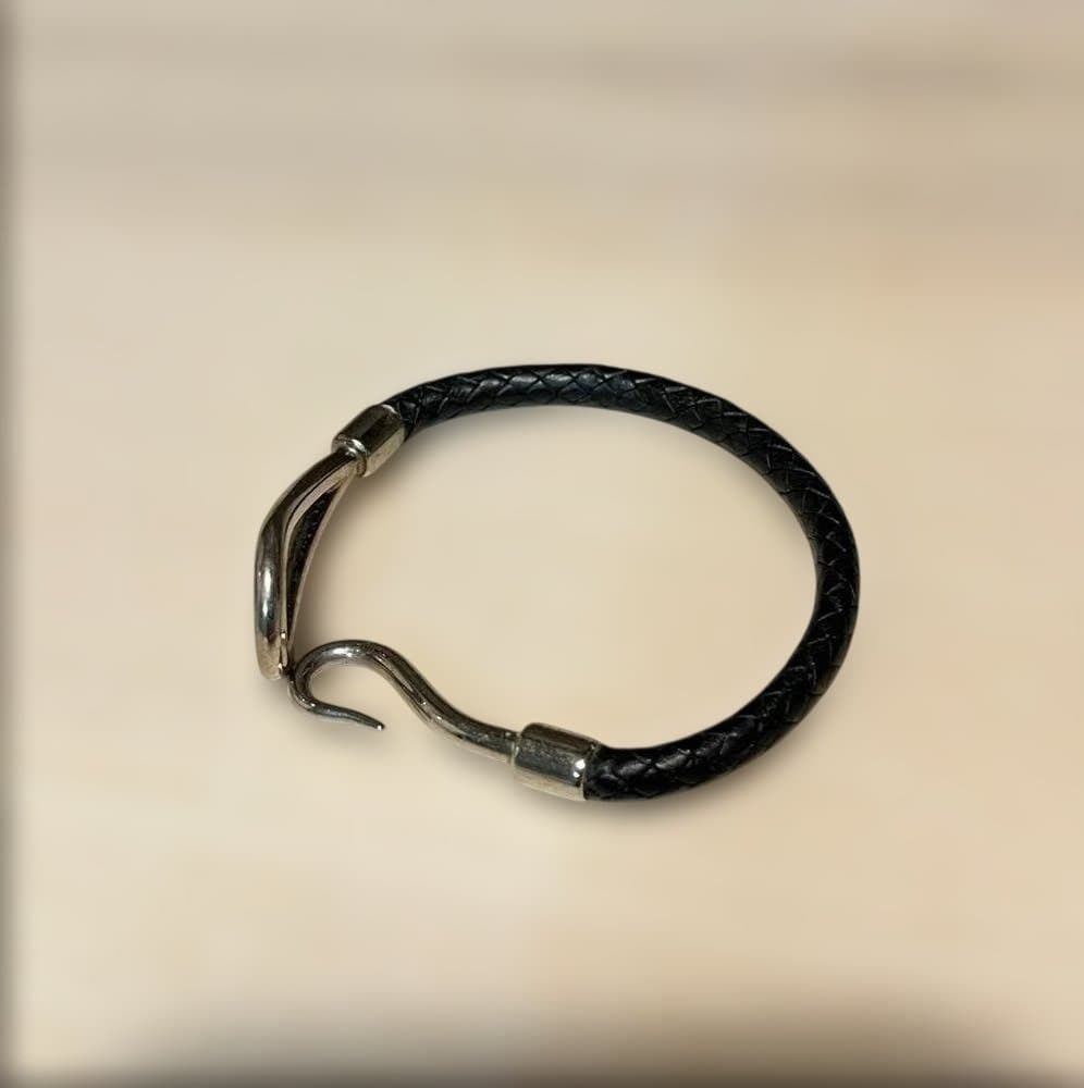 Hermes Jumbo Braided Black Leather Bangle Bracelet Hook 18cm 7in Authentic