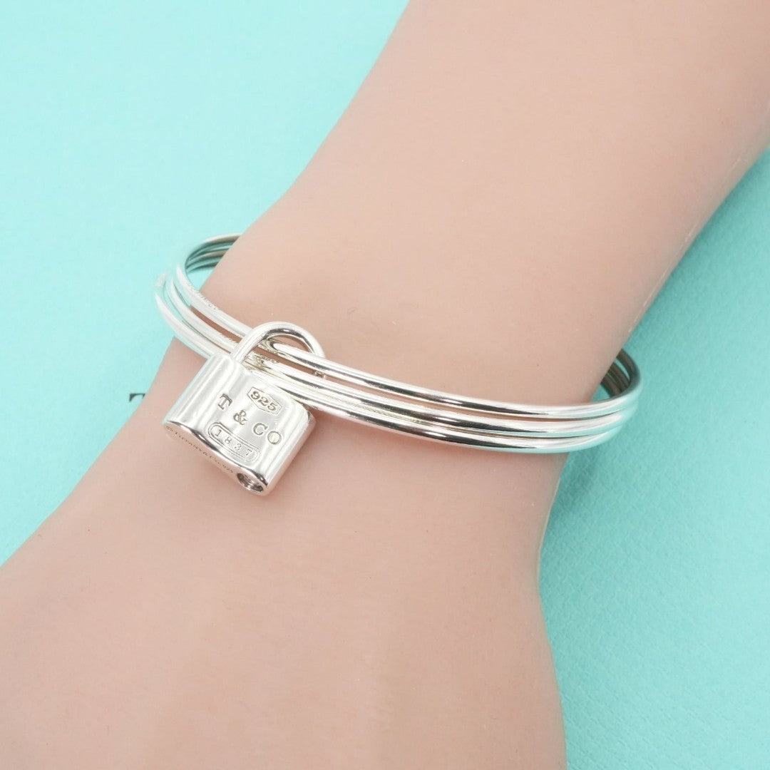 Excellent Tiffany & Co Silver 925 1837 Cadena Lock Triple Hoop Bangle 19cm 7.5in