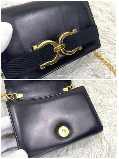 Salvatore Ferragamo Gancini Gold Chain Shoulder Bag Leather Purse Authentic
