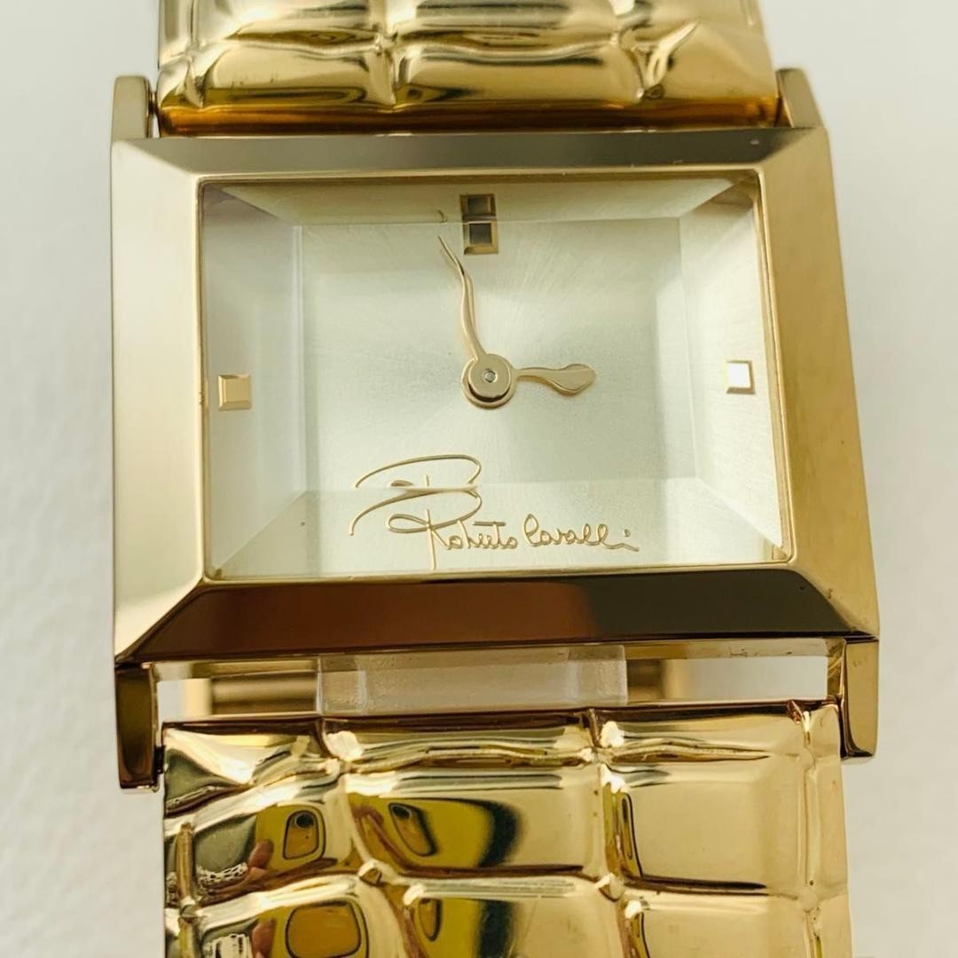 Roberto Cavalli Snake Analog Square Watch Gold Plated Crocodile Embossed Band