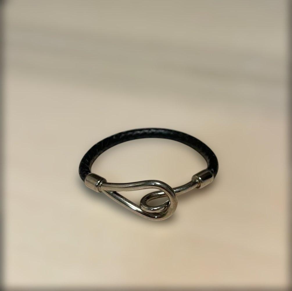 Hermes Jumbo Braided Black Leather Bangle Bracelet Hook 18cm 7in Authentic