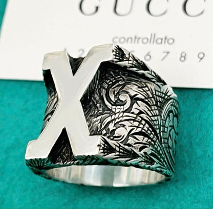 Excellent Gucci Silver 925 Etched Alphabet Initial X Ring Size XL 63 US 10