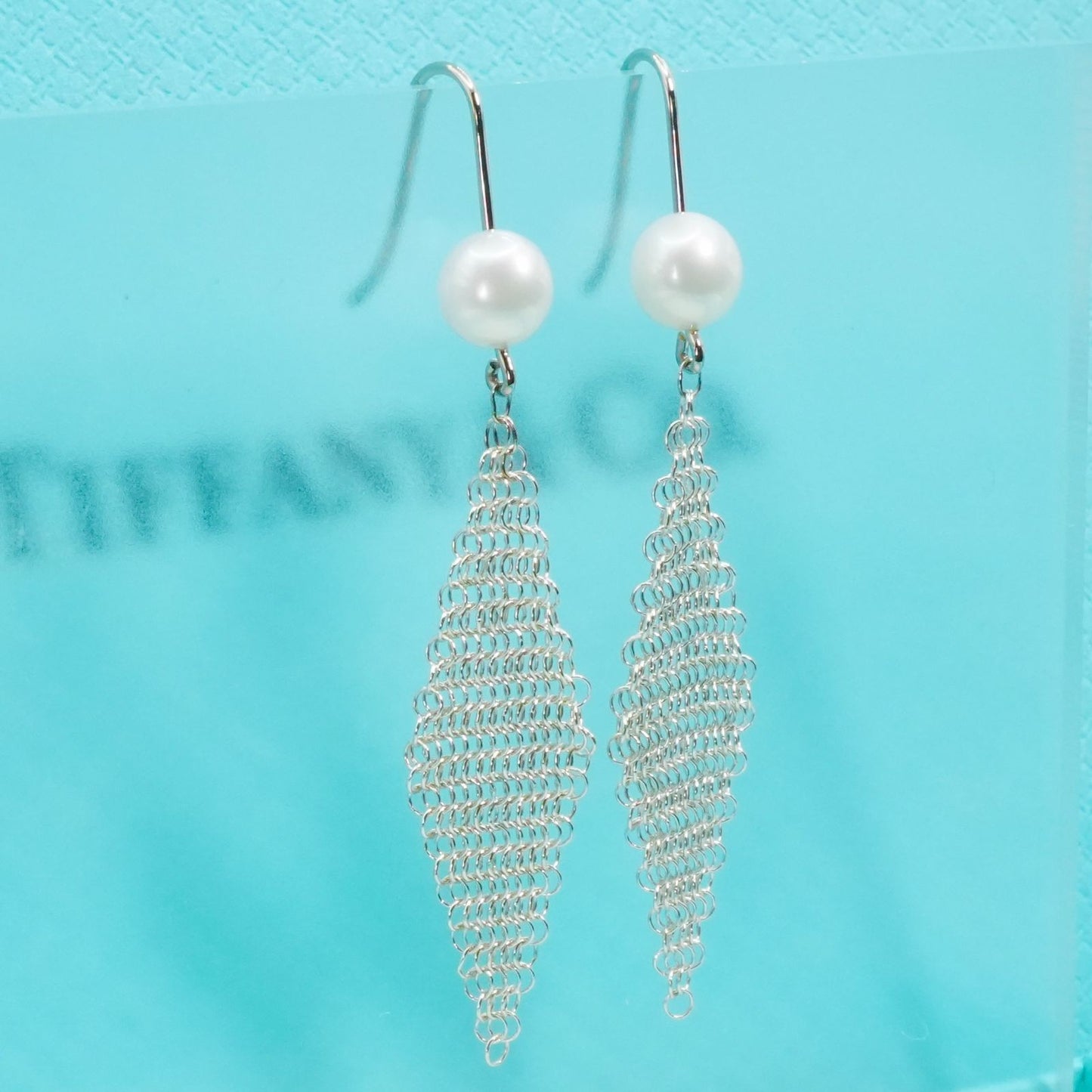 Tiffany Co Pearl Mesh Hook Earrings Sterling Silver Designer Womens Jewelry Auth