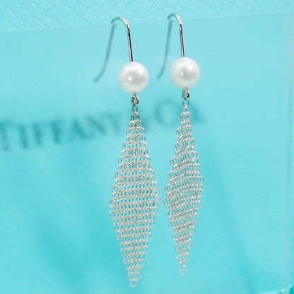 Tiffany Co Pearl Mesh Hook Earrings Sterling Silver Designer Womens Jewelry Auth