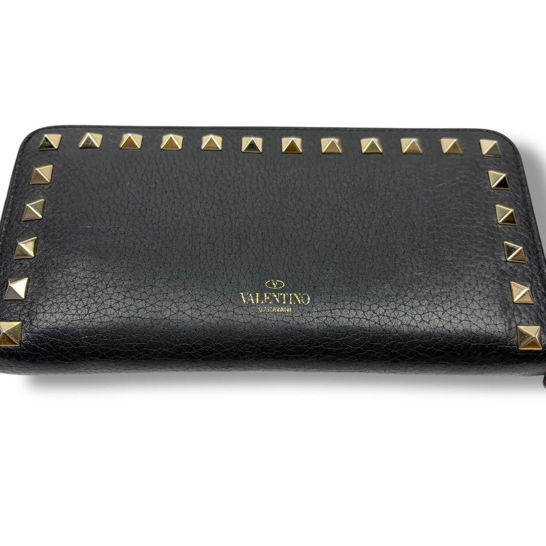 Valentino Garavani Auth Rockstud Long Zip Around Wallet Black 19x10 cm 7.5x3.9"