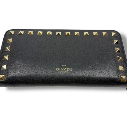 Valentino Garavani Auth Rockstud Long Zip Around Wallet Black 19x10 cm 7.5x3.9"