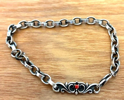 DEAL DESIGN 925 Sterling Silver Chain Bracelet Red Stone Scrollwork Used Japan