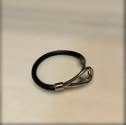 Hermes Jumbo Braided Black Leather Bangle Bracelet Hook 18cm 7in Authentic