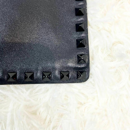 VALENTINO Garavani Rock Stud Black White Leather Clutch Hand Bag Excellent