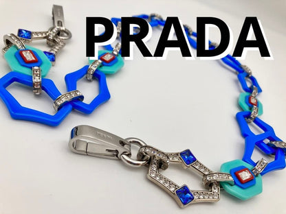 Prada Rhinestone Jewel Plastic Chain Shoulder Strap Blue Silver 90 cm 35.4"