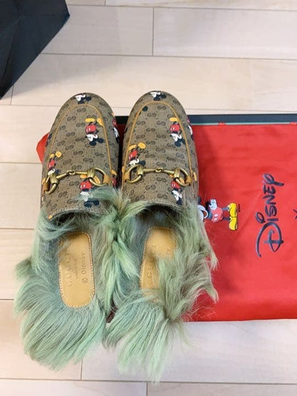 Gucci Disney GG Monogram Mickey Mouse Fur Princetown Slippers Size 34 Near Mint