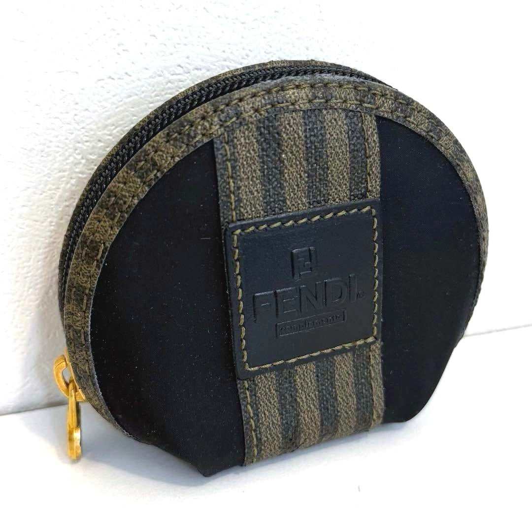 FENDI Vintage Pecan Round Coin Case Purse Mirror Coated Canvas Leather Italy