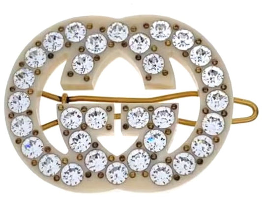 GUCCI Interlocking G Hair Clip Barrette Cream Crystal Gold HW Italy Authentic