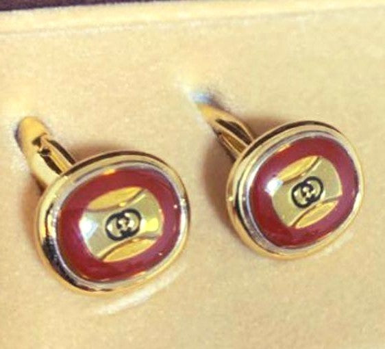GUCCI Old Gucci Cufflinks Tie Clip Set Red Enamel Gold Tone Vintage Italy Used