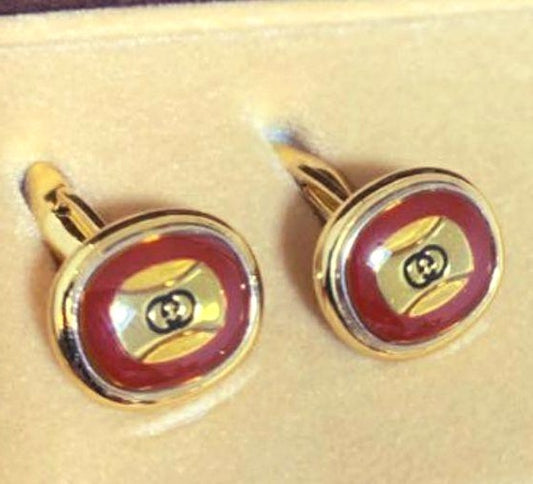 GUCCI Old Gucci Cufflinks Tie Clip Set Red Enamel Gold Tone Vintage Italy Used