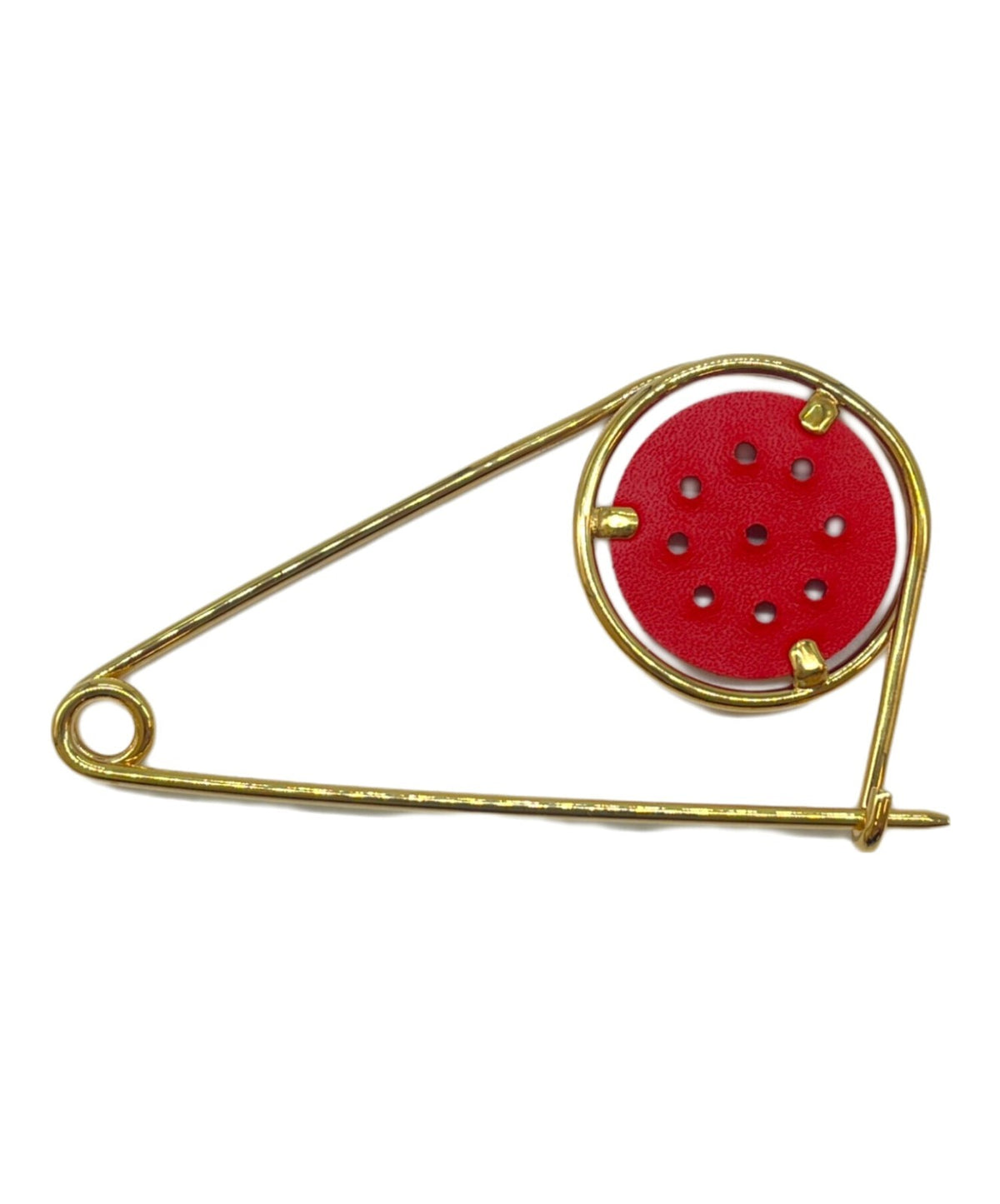 LOEWE Mecano Pin Brooch Red Leather Gold Hardware Round Safety Pin Spain Logo