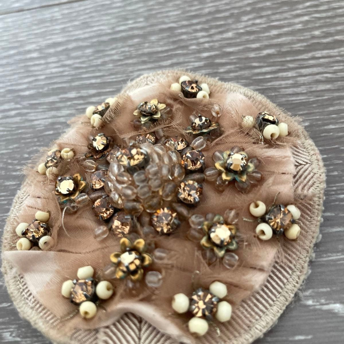 PRADA Beaded Embroidery Brooch Pin Beige Floral Crystal Fabric Italy Vintage