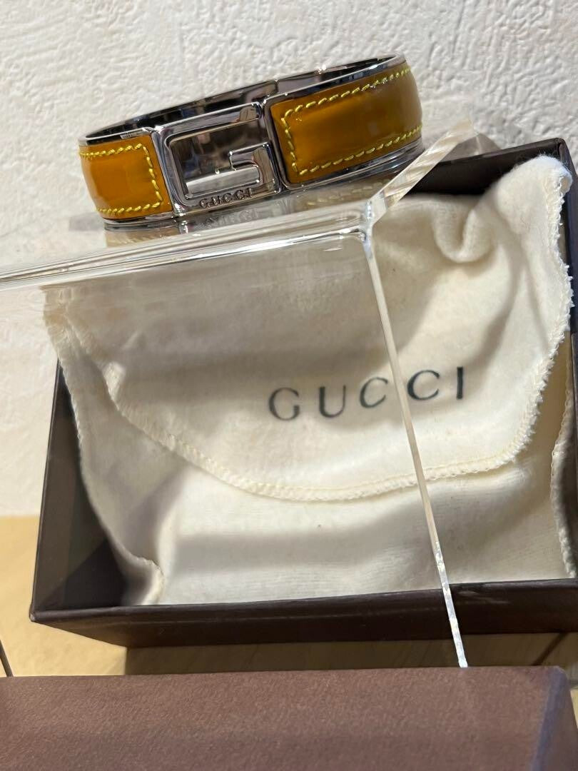 Gucci Leather Steal G Mark Bangle Yellow 18cm 7" Used Japan Authentic