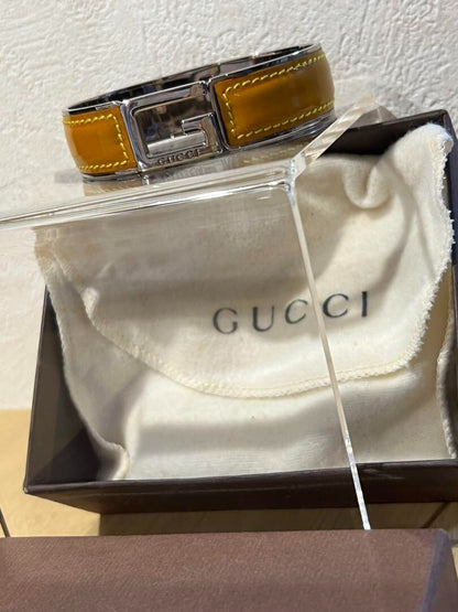 Gucci Leather Steal G Mark Bangle Yellow 18cm 7" Used Japan Authentic