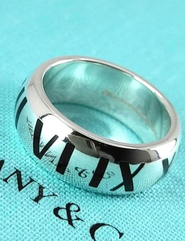 Tiffany & Co Silver 925 Wide Atlas Black Enamel Roman Numerals Ring Size US 7