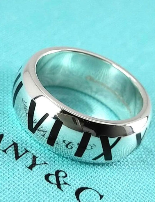 Tiffany & Co Silver 925 Wide Atlas Black Enamel Roman Numerals Ring Size US 7
