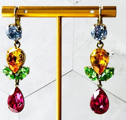 Philippe Ferrandis Multicolor Crystal Drop Earrings Gold Tone France 4.1in Used