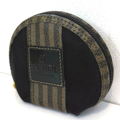 FENDI Vintage Pecan Round Coin Case Purse Mirror Coated Canvas Leather Italy