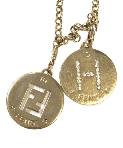 FENDI Zucca FF Logo Charm Bracelet Gold Tone Chain Rhinestone H Initial Italy