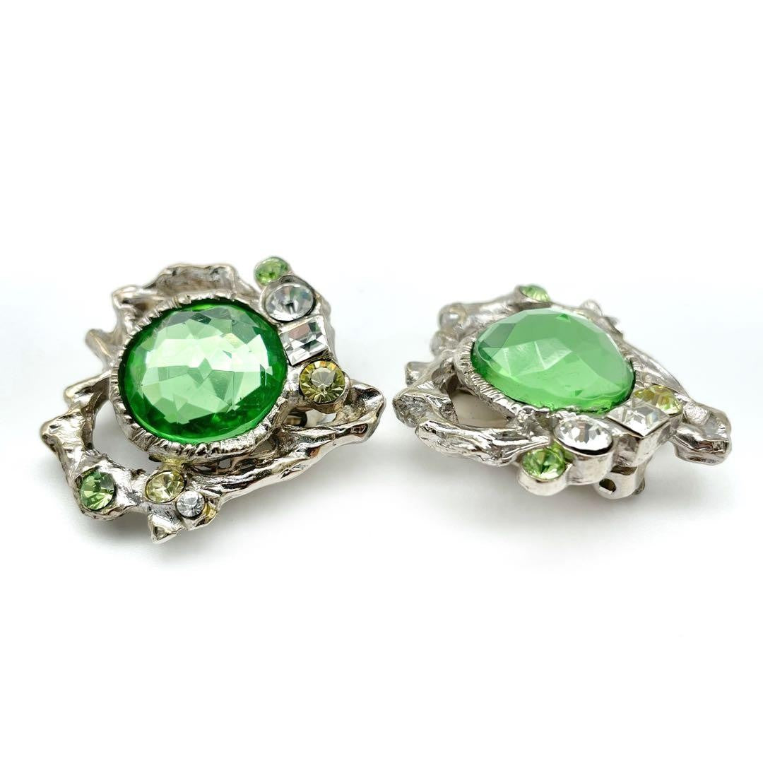 Christian Lacroix Auth Vtg Silver Heart Colorstone Clip Earrings 3x3.5 cm Used