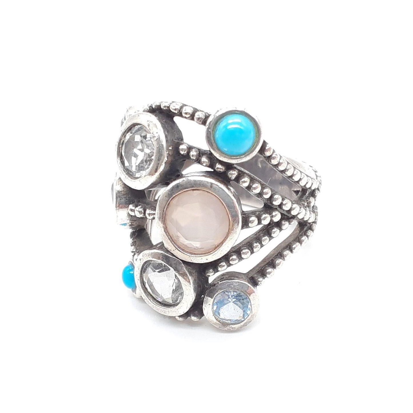 Stephen Dweck Sterling Silver Rose Quartz Turquoise Ring Size US 6.5 Used Women